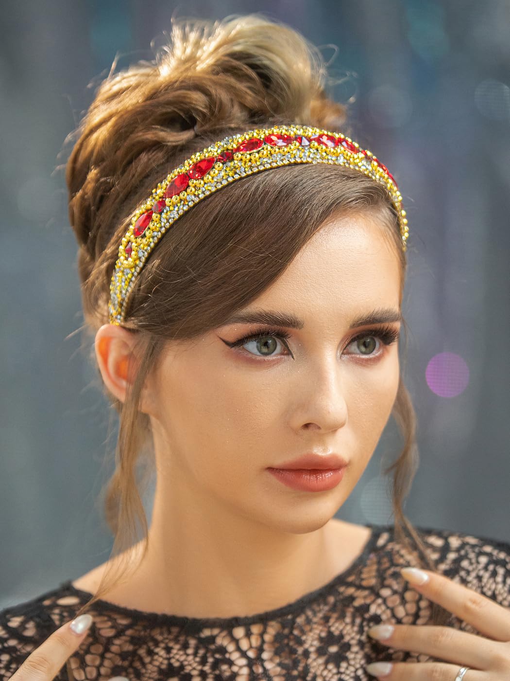 Barode Rhinestone Headbands Colorful Glitter Crystal Wide Headband Bejewelled Hairband Shell Pearl Bling Hair Accessories for Women (L)