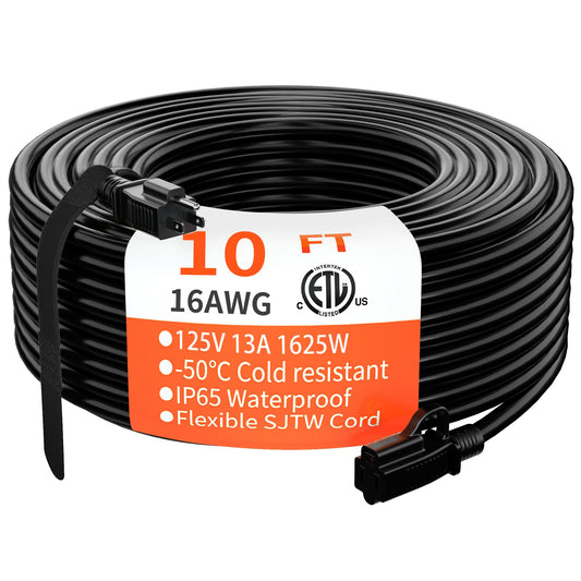 HUANCHAIN Indoor Outdoor Black Extension Cord 10 ft Waterproof, 16/3 Gauge Flexible Cold-Resistant Appliance Extension Cord Outside, 13A 1625W 16AWG SJTW, 3 Prong Heavy Duty Electric Cord, ETL