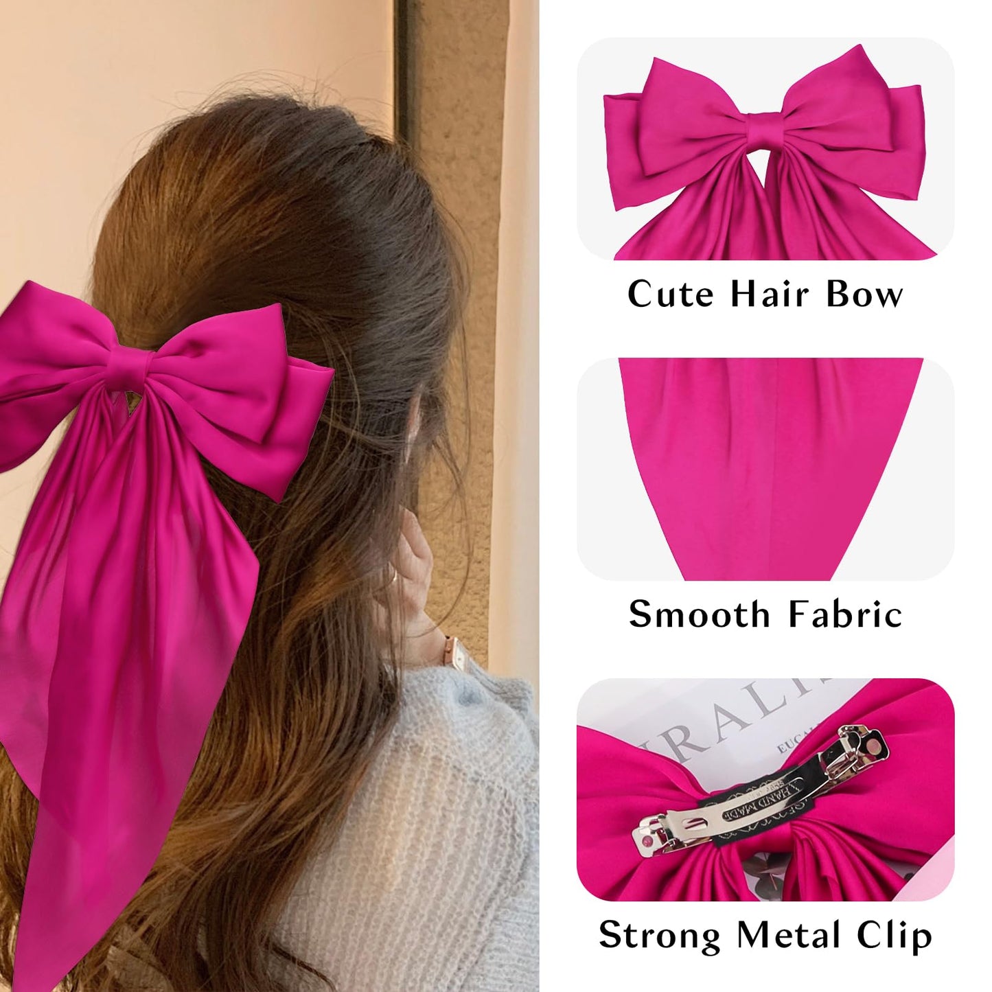 AMCAMI Hair Clips - 6 PCS Hair Bows for Women, Hair Accessories for Girls, Ribbon for Hair Satin Material, Bow Hair Clips for Styling, Red & Pink