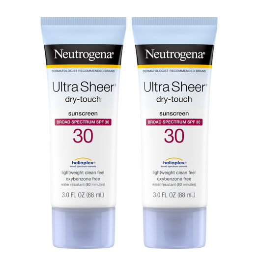 Neutrogena Ultra Sheer Dry-Touch Sunscreen Lotion, Broad Spectrum SPF 30 UVA/UVB Protection, Oxybenzone-Free, Light, Water Resistant, Non-Comedogenic ; Non-Greasy, Travel Size, 3 fl. oz (Pack of 2)