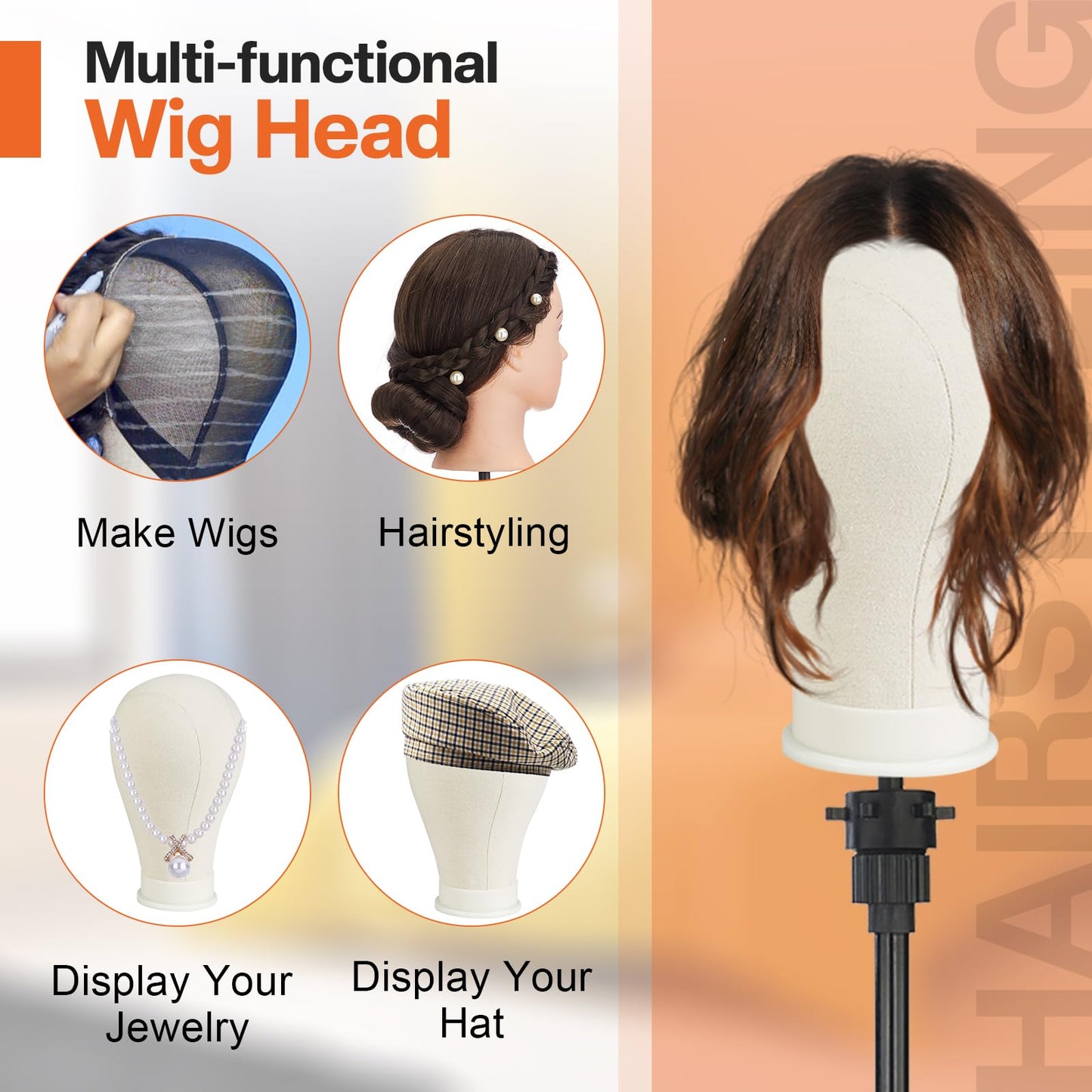 AIMEI 23 Inch Wig Head,Wig Stand with Head,Canvas Wig Head Stand with Mannequin Head for Wigs Making Display with Wig caps,T Pins Set,Hair comb,Hair Clips