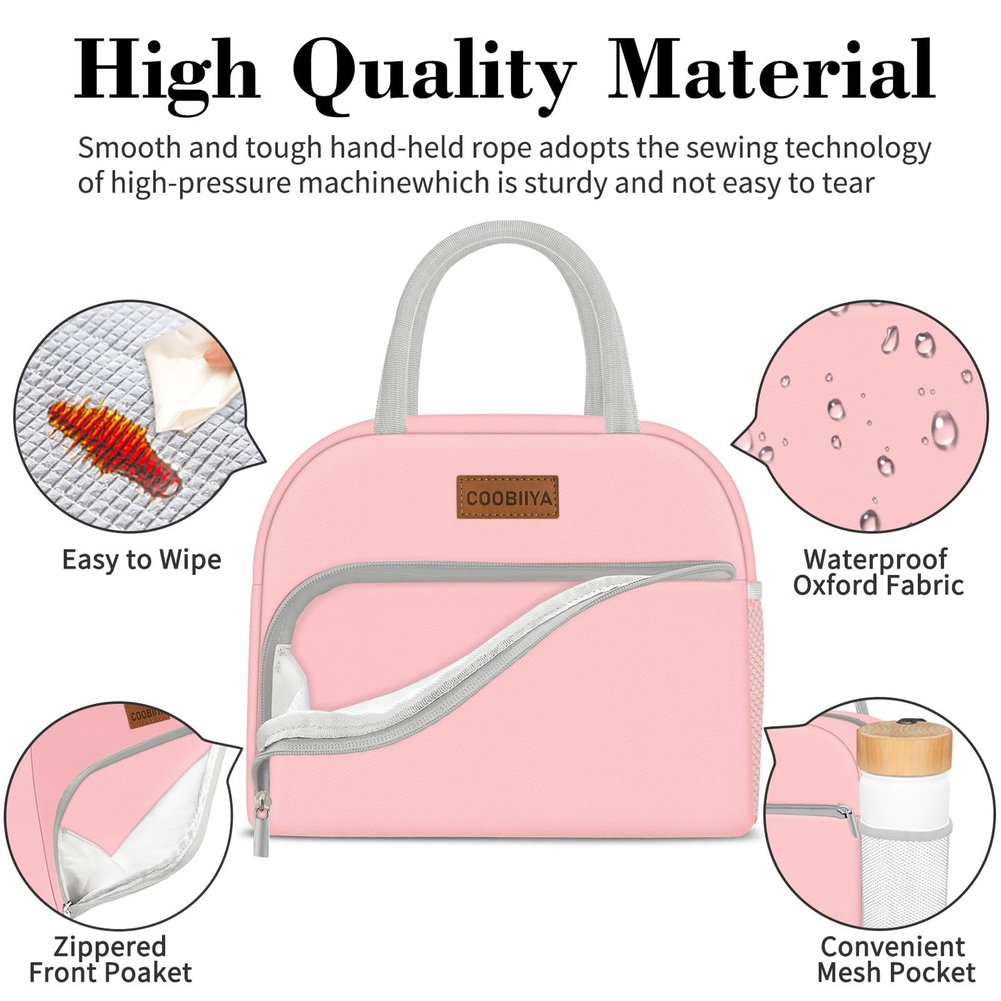 Coobiiya Lunch Bag for Women Men, Insulated Reusable Picnic Bag, 10.8"L x 6.3"W x 8.85"H, Pink