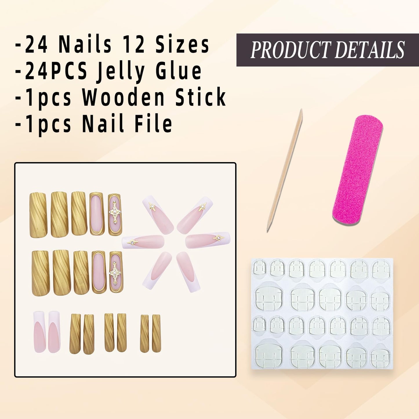 French Tip Press on Nails Long Square Fake Nails Glossy Gold Solid Color Coffin False Nails with 3D Relief Design Acrylic Nails Luxury Star Charms Glue on Nails for Women Girls Manicure Art 24Pcs