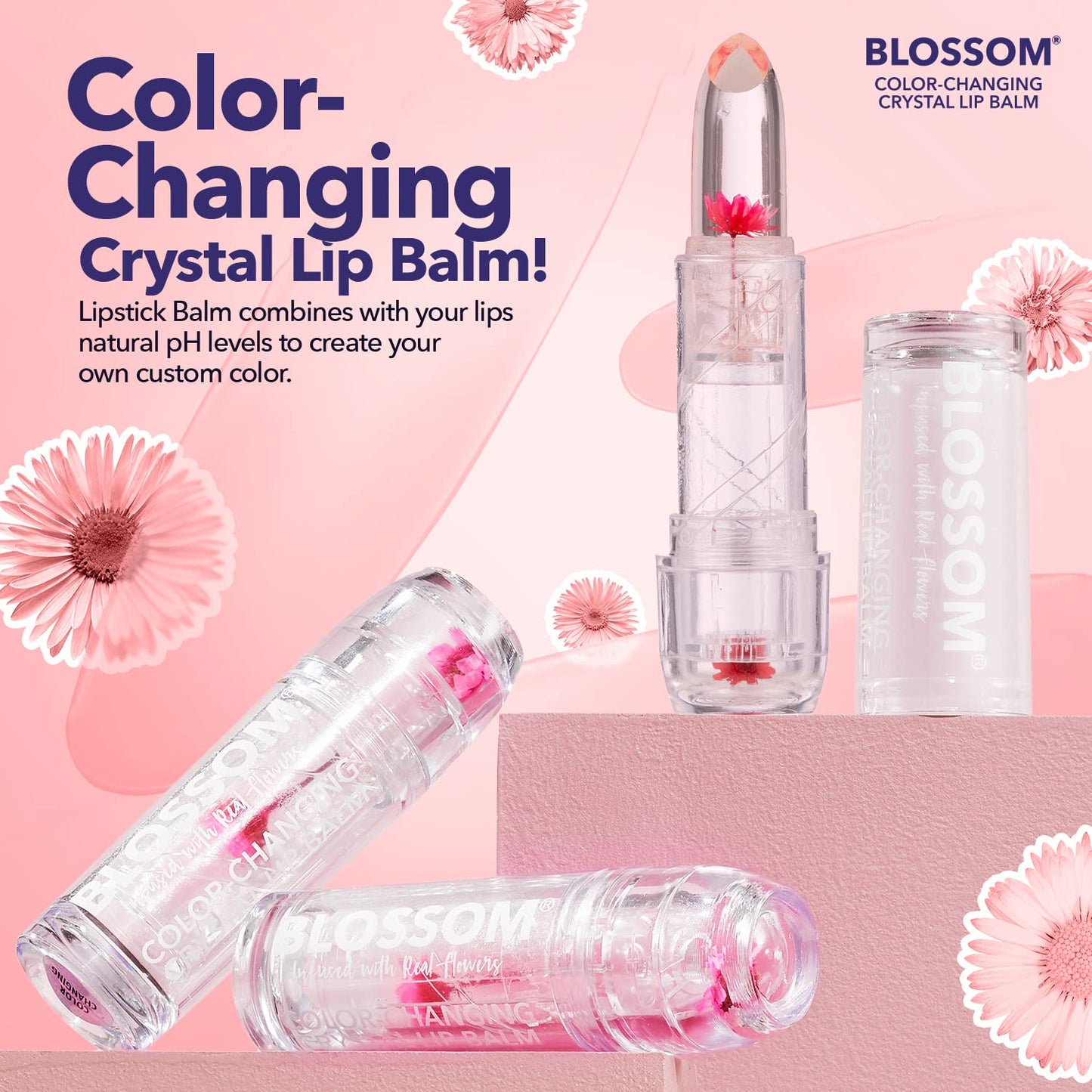 Blossom Moisturizing Custom Color Changing Crystal Lip Balm, Strawberry Scented, Lip Stain Tint, Infused with Real Flowers, 3g, Red