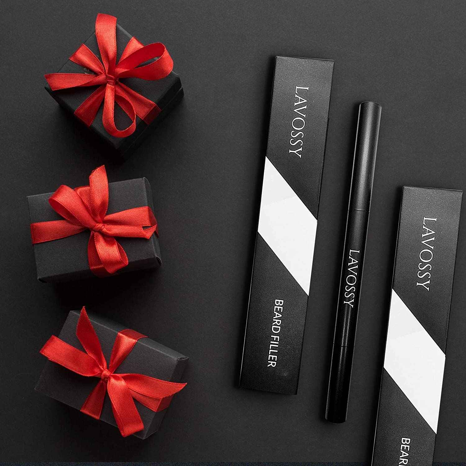 LAVOSSY Beard Pencil Filler for Men - Black, Pack of 3 - Long Lasting and Easy to Use with Blending Brush, Water/Sweat Proof, Fills Patchy Beard, Moneyback Promise