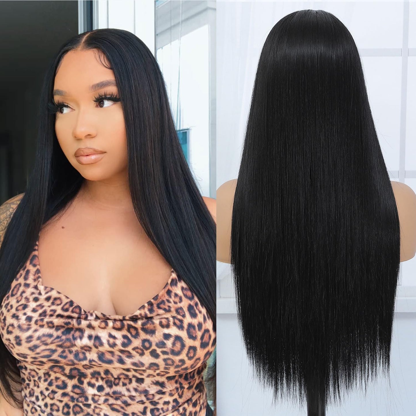 Silk Straight Synthetic Lace Front Wig Pre Plucked Wear And Go Glueless Wig HD Synthetic Lace Front Wigs for Women 180 Density 26 inch Black Natural Looking Hair Lace Wig