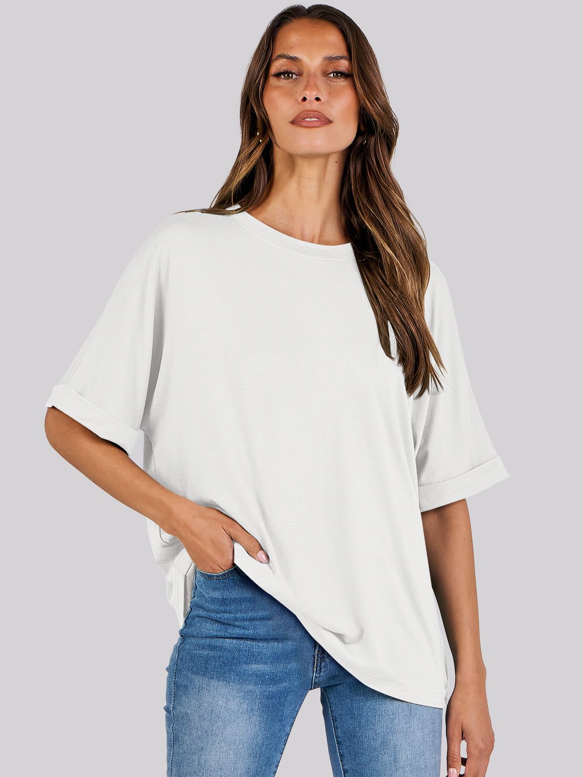 ANRABESS Women's Oversized T Shirts Short Sleeve Crewneck Summer Tops Casual Loose Basic Tee Shirts 2024 Trendy Clothes White Small