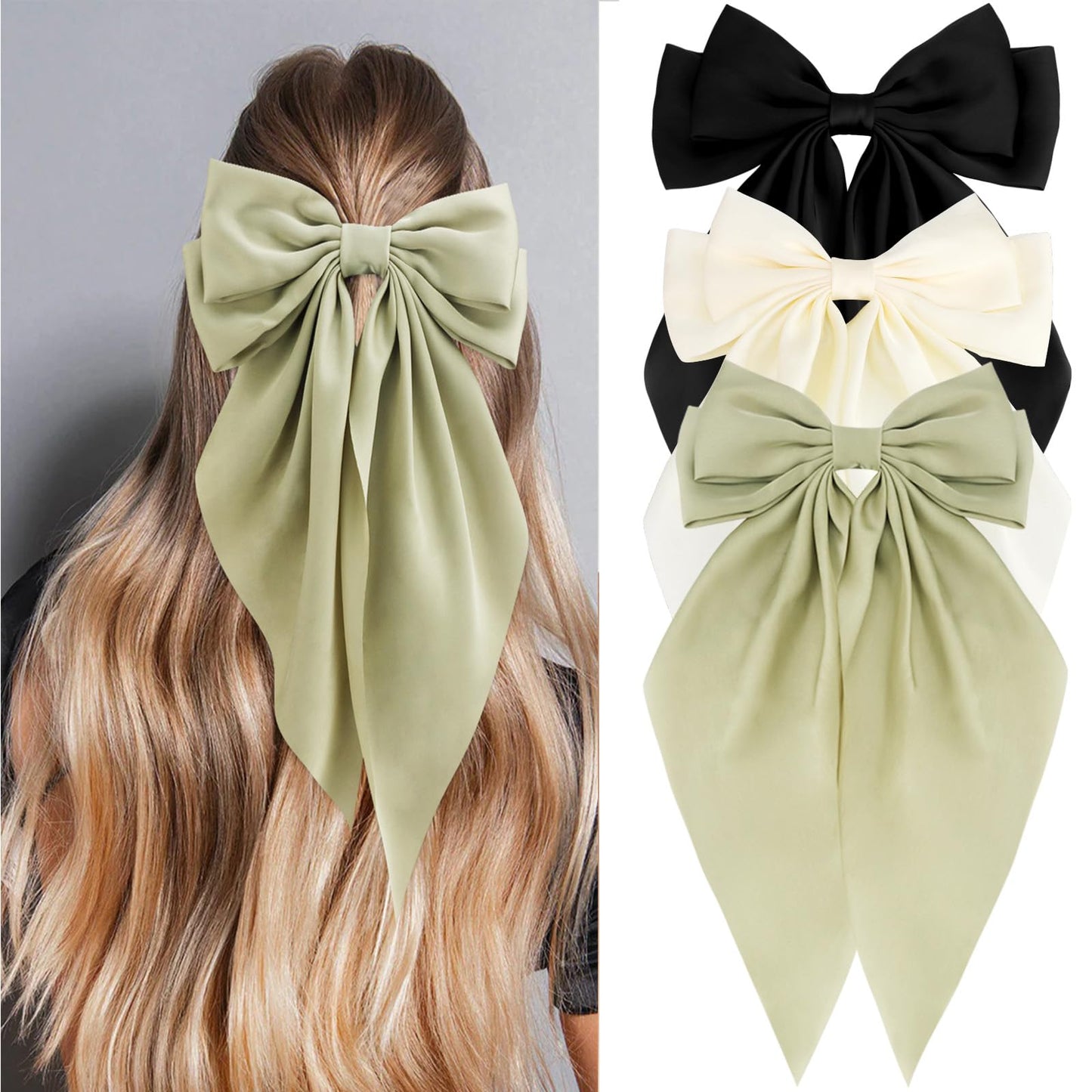 Velscrun Hair Bows for Women Girls 3Pcs White Black Green Silky Satin Large Bows Hair Clip Oversized Hair Ribbons Long Tail Big Bows Hair Accessories