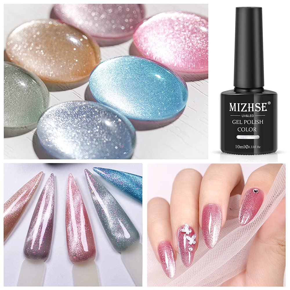 MIZHSE 10ml*6 Colors Cat Eye Gel Nail Polish, Crystal Magnetic Gel Polish Glitter Pink Gold Sparkle Gel Polish Set with Universal Sliver Cat Eye Gel, 2 Magnet Sticks, Summer Nail Art, Lady Gift Set