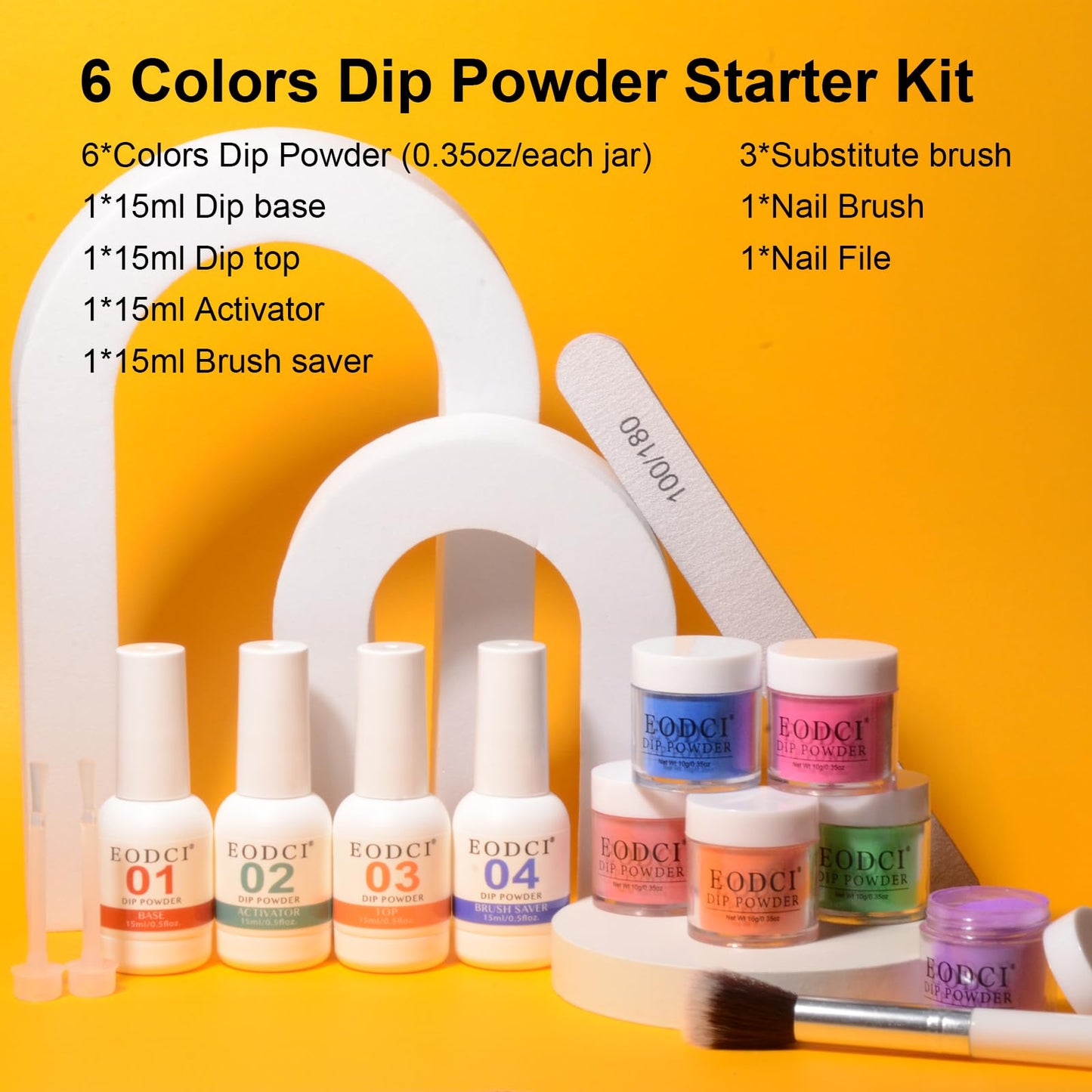 Eodci 15 Pcs Dip Powder Nail Kit Starter Kit, 6 Colors Pink Red Orange Green Blue Dipping Powder Kit with Base & Top Coat/Activator/Brush Saver, Nail Art Dip Manicure Kits Salon DIY for Women