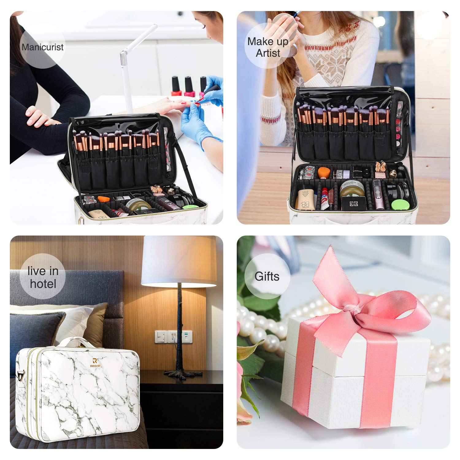 Relavel Travel Makeup Train Case Makeup Cosmetic Case Organizer Portable Artist Storage Bag with Adjustable Dividers for Cosmetics Makeup Brushes Toiletry Jewelry Digital Accessories