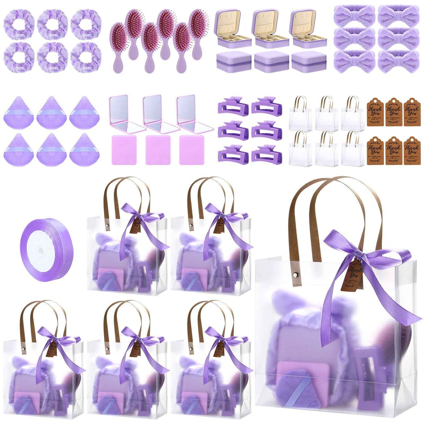 Knitgrip 55 Pcs Baby Shower Prizes for Winners Prizes Gifts Including Headband Hair Brush Jewelry Box Compact Mirror Powder Puff Hair Tie Claw Gift Bag for Baby Wedding Bridal Shower(Purple)