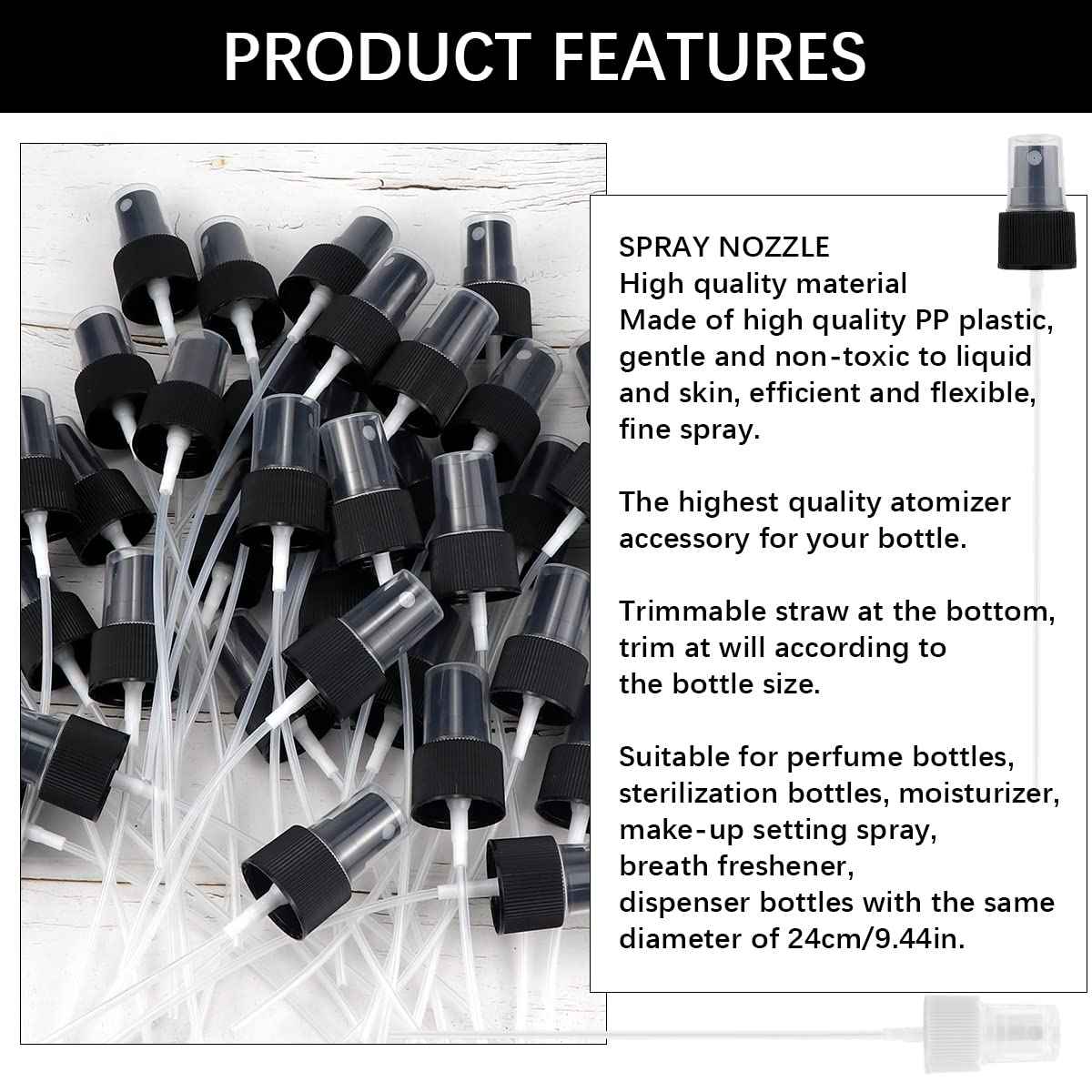 FERCAISH 40 Pcs Spray Bottle Tops, Replacement Pump Heads, Reusable Dispenser Caps, Fine Mist Sprayer, Cosmetic Spray Bottle (24 Caliber-Black)