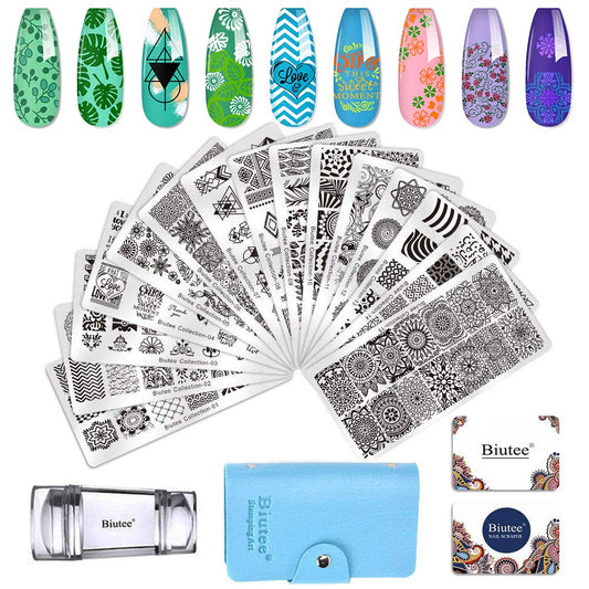 Biutee 19pcs Nail Stamp Plates set 15 plate 1Stamper 2Scraper 1storage bag Nails Art Stamping Plate Scraper Stamper Set Leaves Flowers Animal Nail plate Template Image Plate