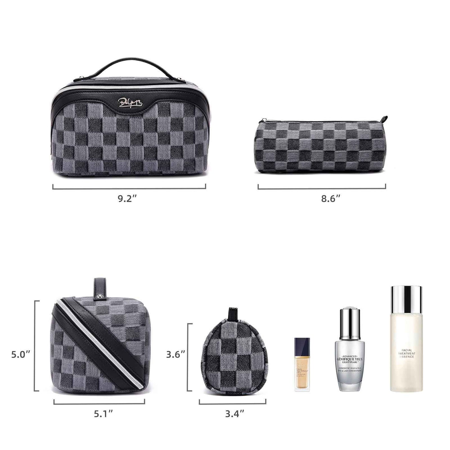 BOYATU Travel Makeup Bag for Women: Large Cosmetic Bag Set of 3 - PU Leather Make up Bag with Compartments - Compact Waterproof Toiletry Bag with Divider & Handle (D-2-Black)