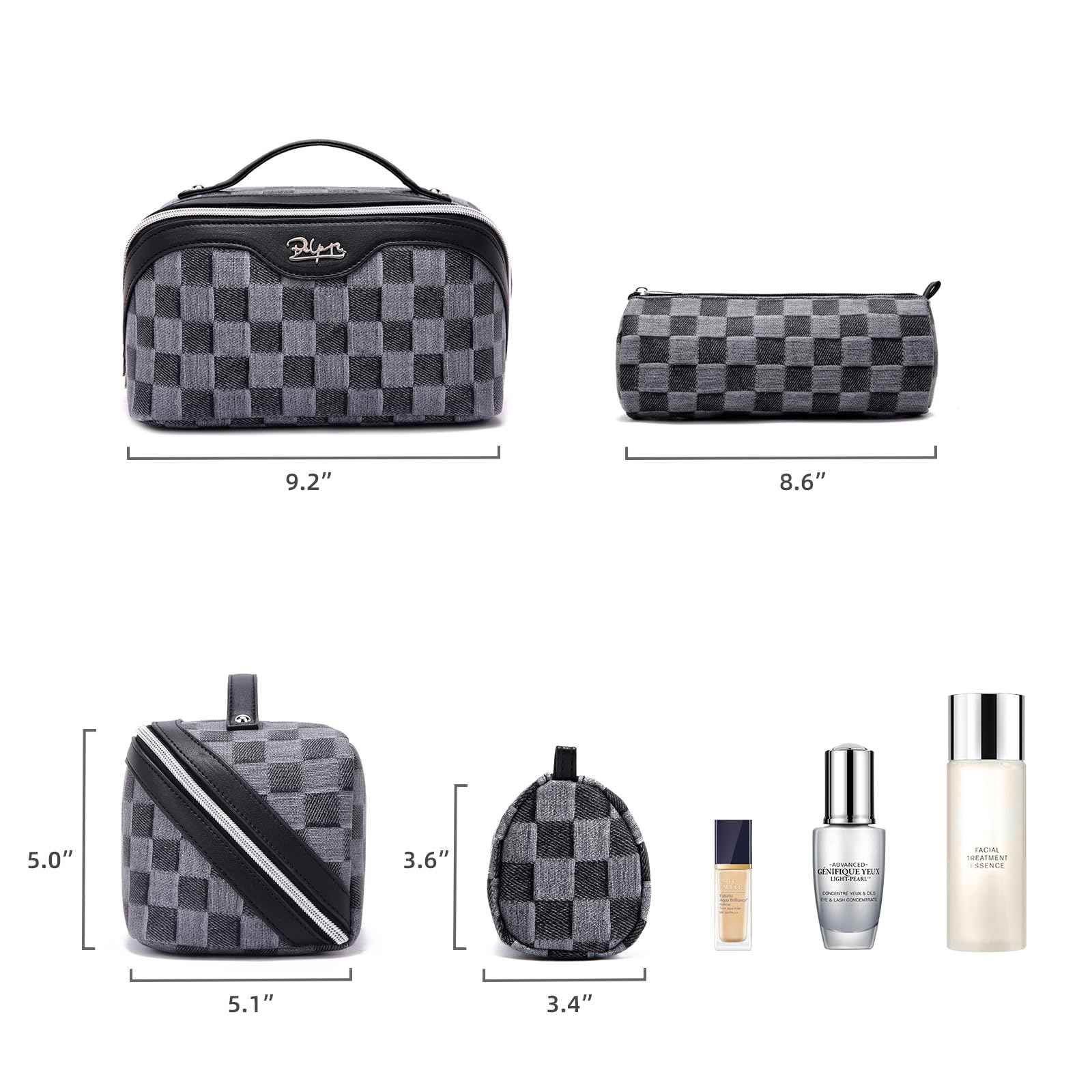 BOYATU Travel Makeup Bag for Women: Large Cosmetic Bag Set of 3 - PU Leather Make up Bag with Compartments - Compact Waterproof Toiletry Bag with Divider & Handle (D-2-Black)