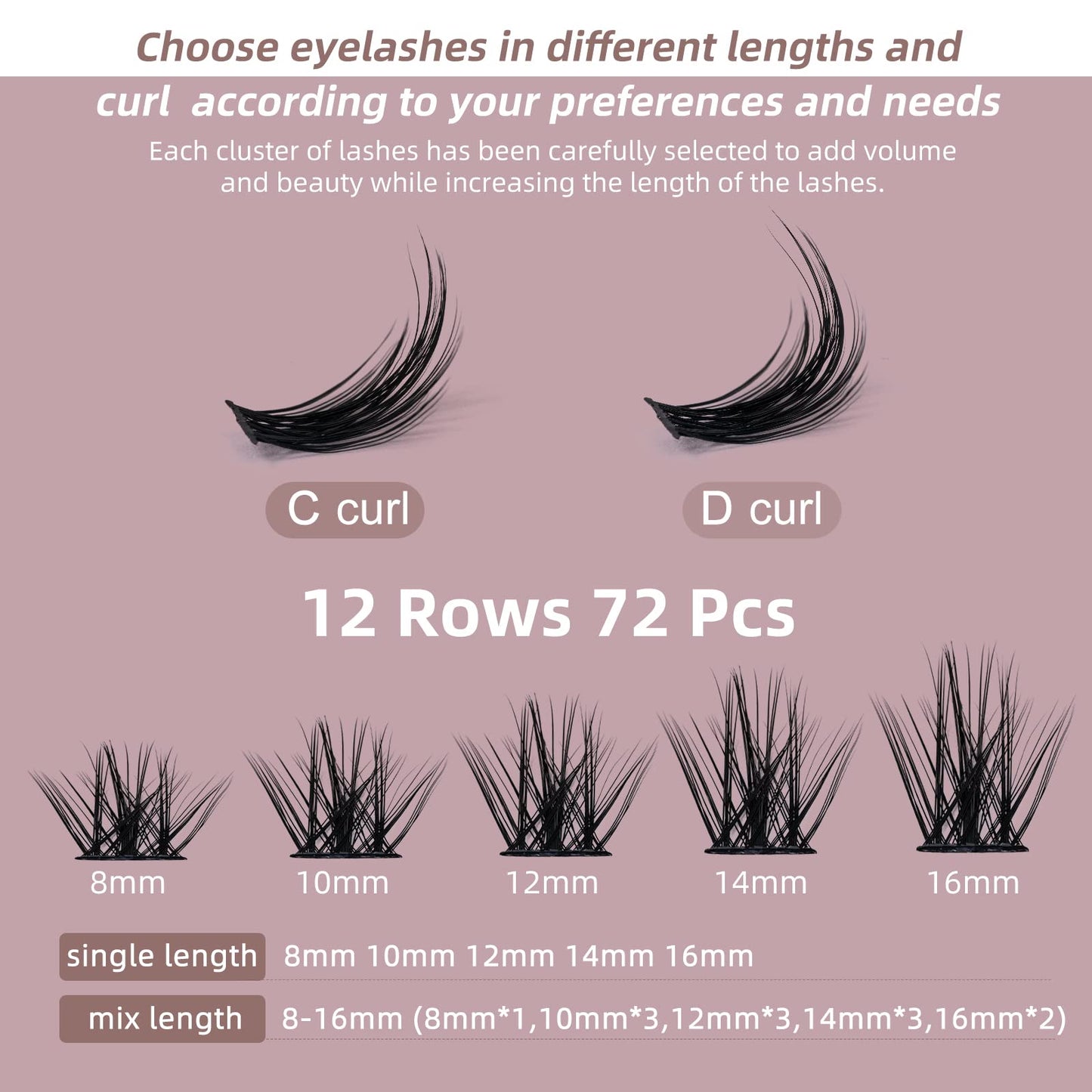 QUEWEL Cluster Lashes 72 Pcs Wide Stem Individual Lashes C/D Curl 8-16mm Length DIY Eyelash Extension False Eyelashes Soft for Personal Makeup Use at Home (Fluffy02-C-16)