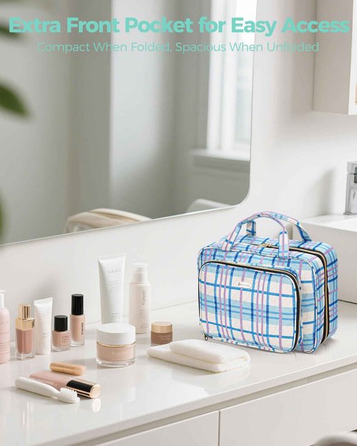BALULHG Travel Hanging Toiletry Bag for Women,Makeup Bag Cosmetic Organizer Waterproof with Hanging Hook Multiple Pockets for Women Travel Essentials Plaid Blue