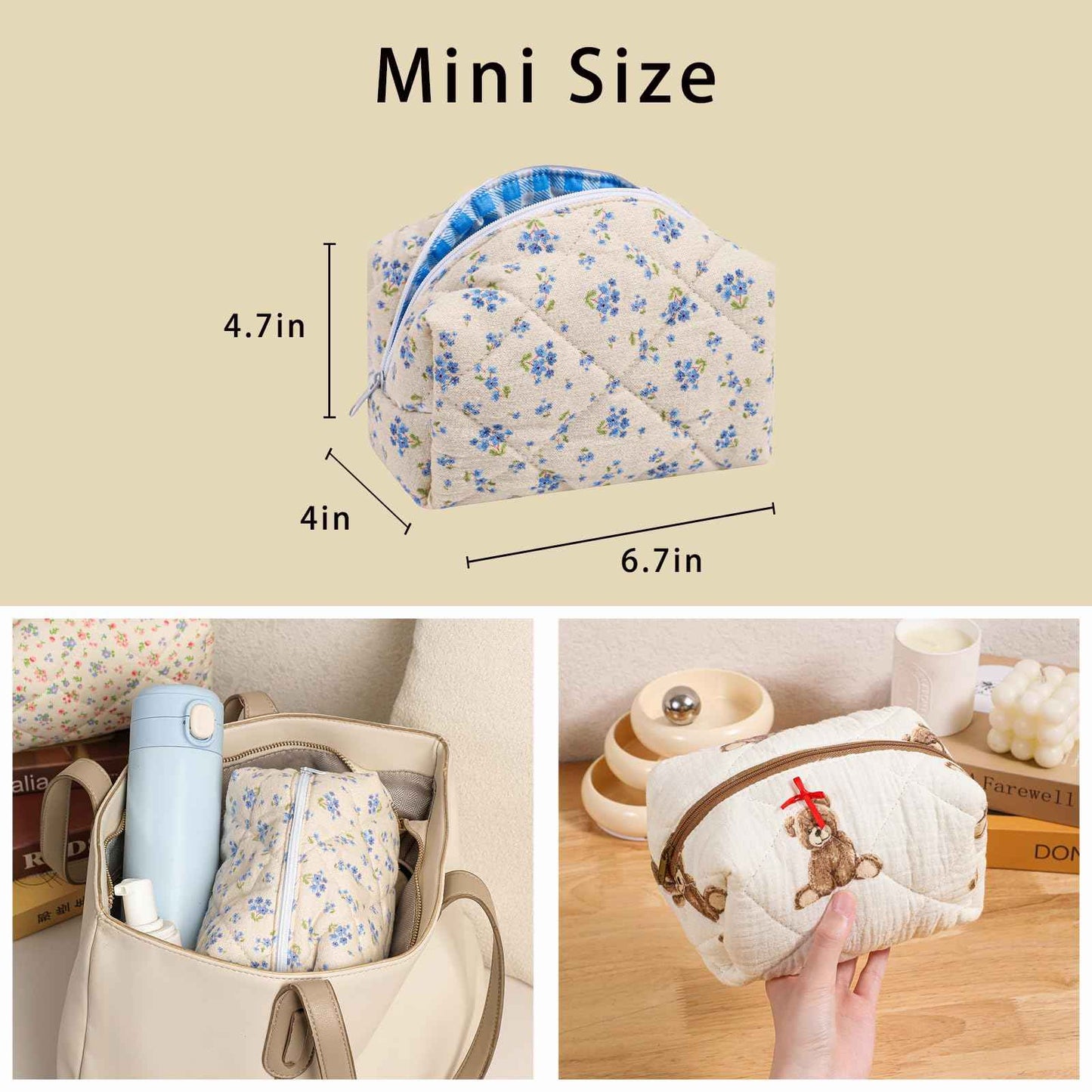 Cute Small Floral Cotton Makeup Bag, Quilted Zipper Pouch with Coquette Bear for Women and Girls, Kawaii Travel Cosmetic Bags for Purse(04Little Blue Flower)