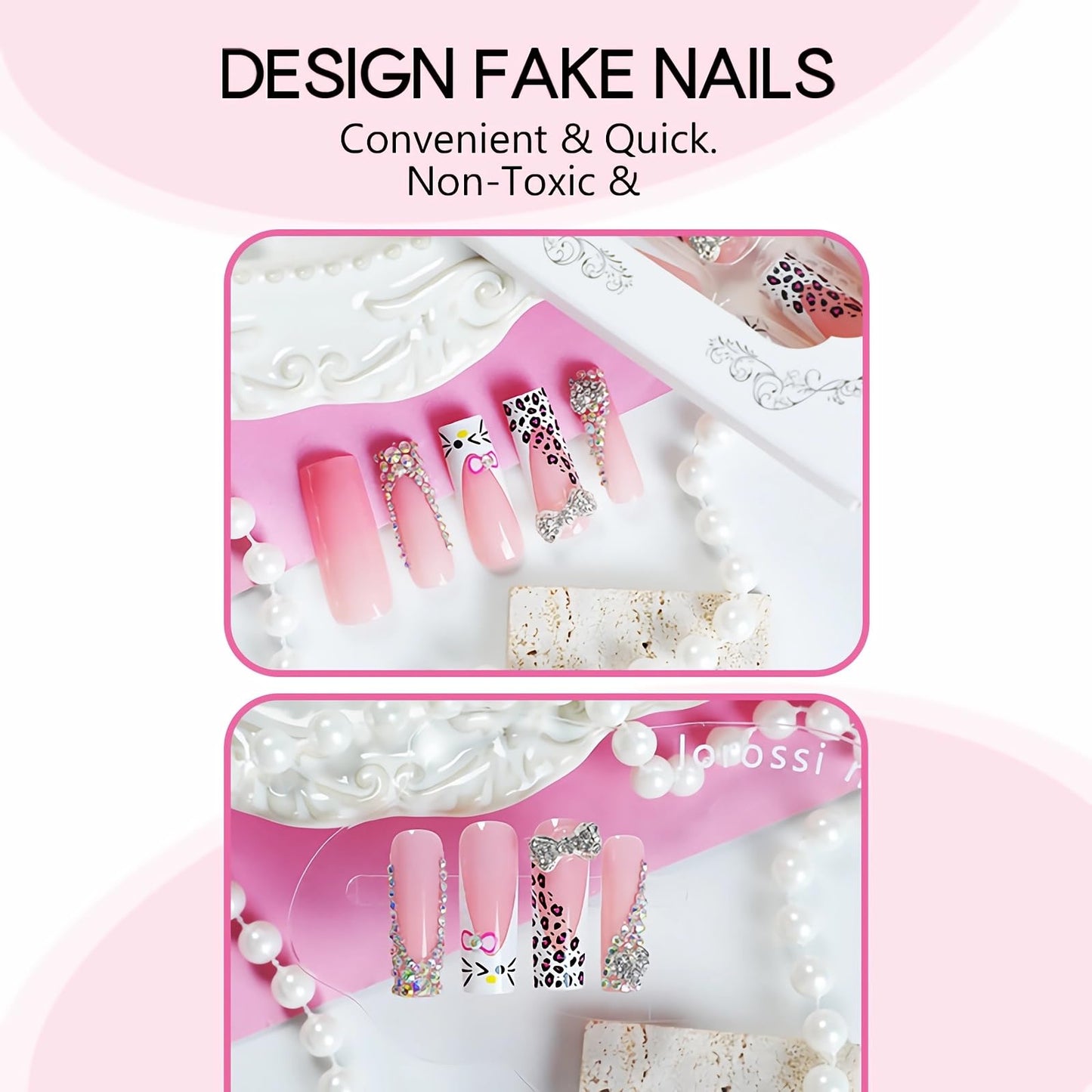 BABALAL Press on Nails Long Square Fake Nails White French Glue ons Nails Y2k Cat and Metallic Bow Charm Design Acrylic Nails 24Pcs Bling Rhinestone Squoval False Nails