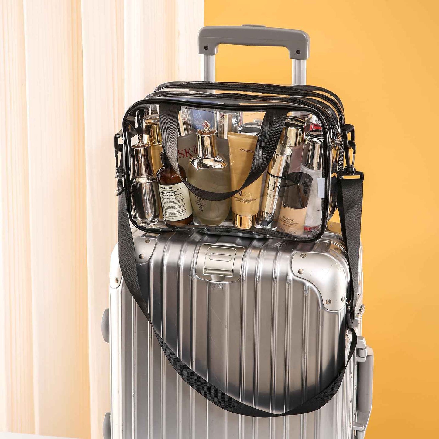 Officentra Clear Toiletry Bag for Women with Zipper–Clear Makeup Bag with Shoulder Strap & Handheld Handles – Stadium Bags for Women with Wet/Dry Compartments for Concerts, Travel, Work & Sports