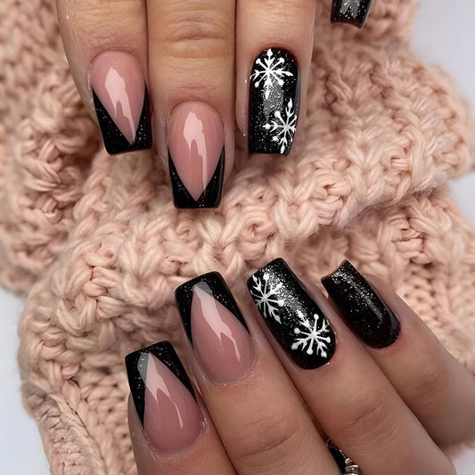 24Pcs Black French Press on Nails Medium Length Square Christmas Fake Nails with White Snowflake Glitter Design Glossy Coffin Nails Full Cover Nail Tip Glue on Nails Winter Xmas False Nails for Women