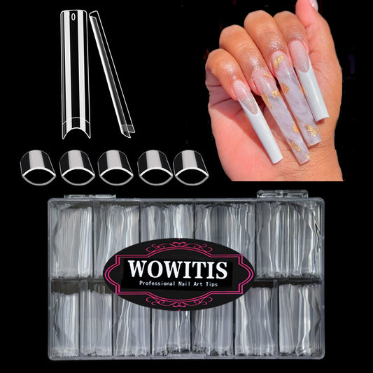 XXXL No C Curve Square Nail Tips - WOWITIS 504 Pcs 3XL Extra Long Flattened Tappered Square Fake Nail Tips Clear Half Cover Flat None C Curve Acylic Nail Tips for Women Girls Nail Salon with Case