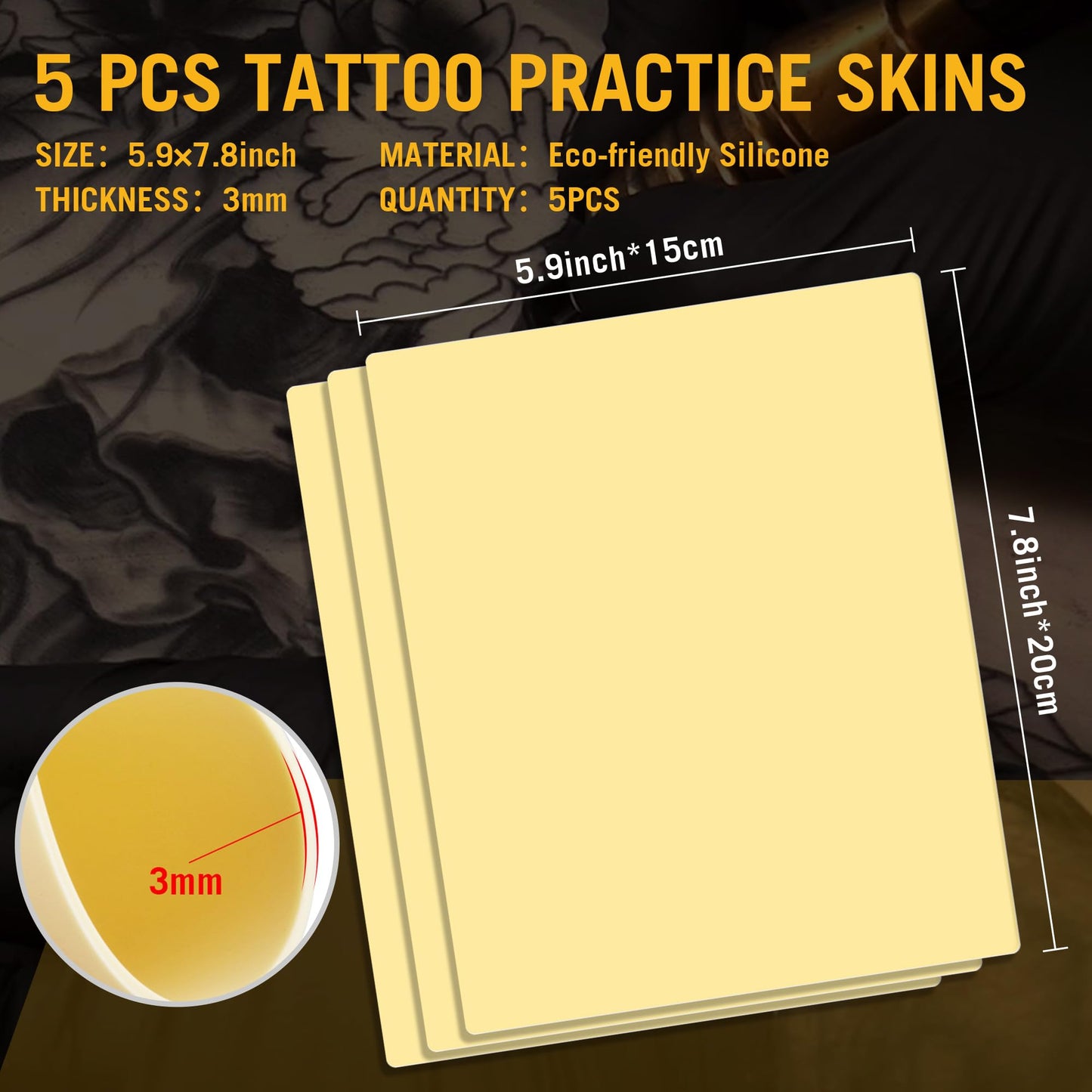 5Pcs Blank Tattoo Practice Skin - 3mm Synthetic Silicone Fake Skin for Realistic Eyebrow Tattooing,Microblading,Double Sided Tattoo Skin for Beginners & Experienced Tattoo Artist (5.9x7.8")