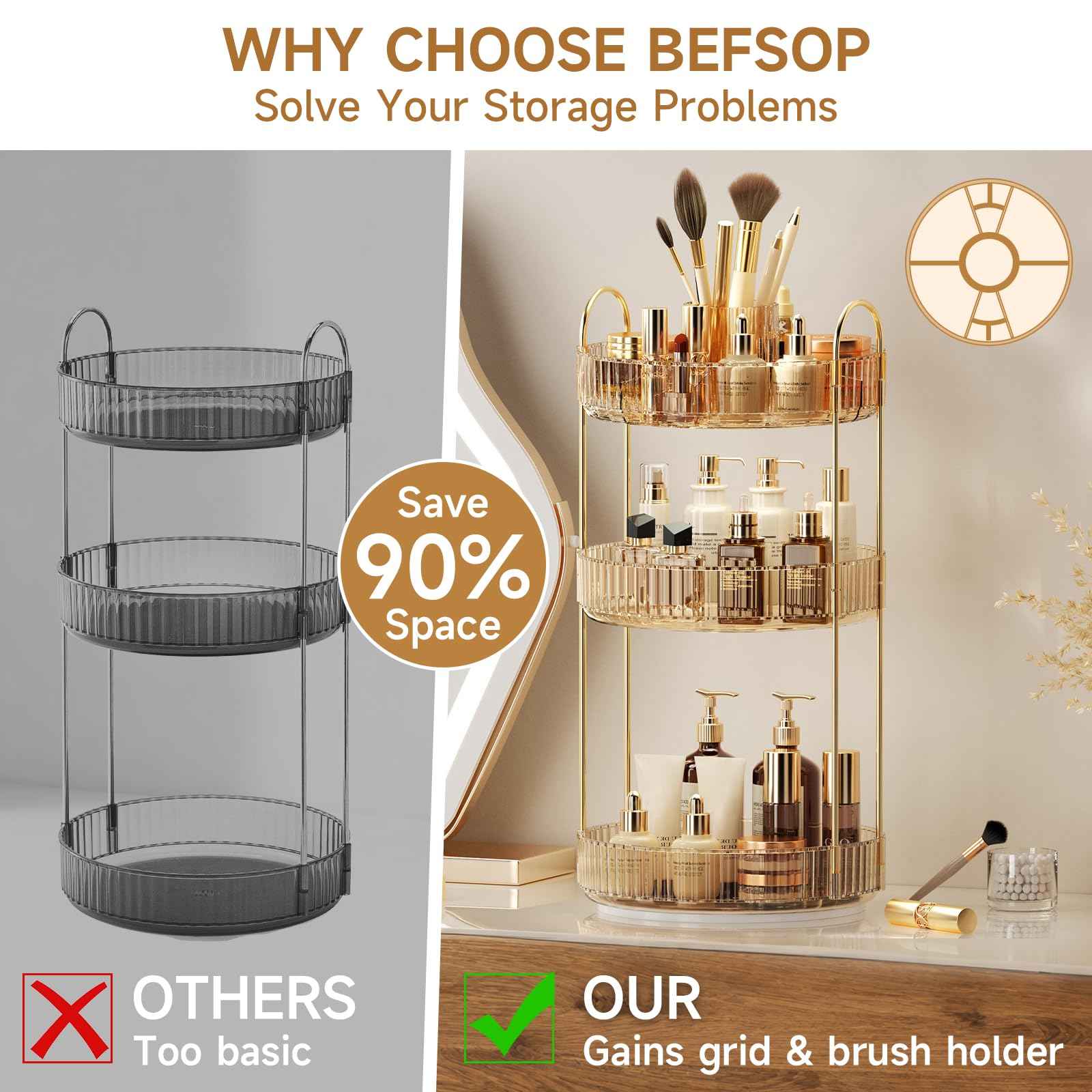 360° Rotating Makeup Organizer, Upgraded 3 Tier Skincare Perfume Organizers for Women, Bathroom Organizer Countertop, Clear Cosmetic Dresser Organizer with Makeup Brush Holder, Sink&Counter(Amber)