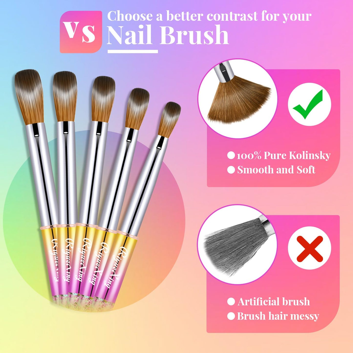 5PCS Acrylic Nail Brush Set, 6/8/12/14/16. Kolinsky Nail Art Brushes for Acrylic Application, Sturdy Handle Oval Shaped Acrylic Powder Nail Design Tools for Professional Manicure DIY Home