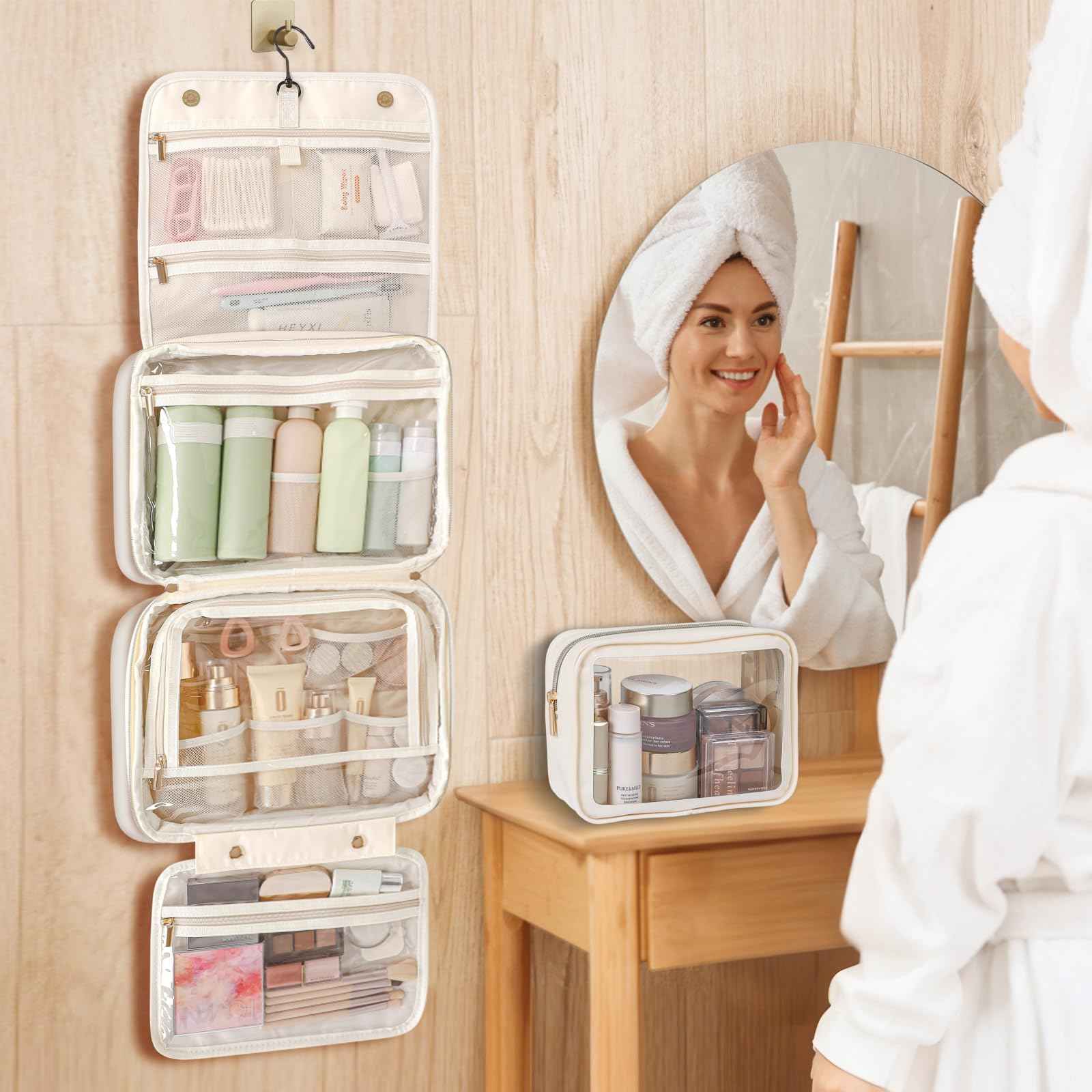 PACKISM Hanging Travel Bag for Traveling with Clear Makeup Bag - Soft Leather Waterproof Travel Toiletry Bag for Full-Sized Toiletries and TSA Approved Toiletry Bag, Off White (L)