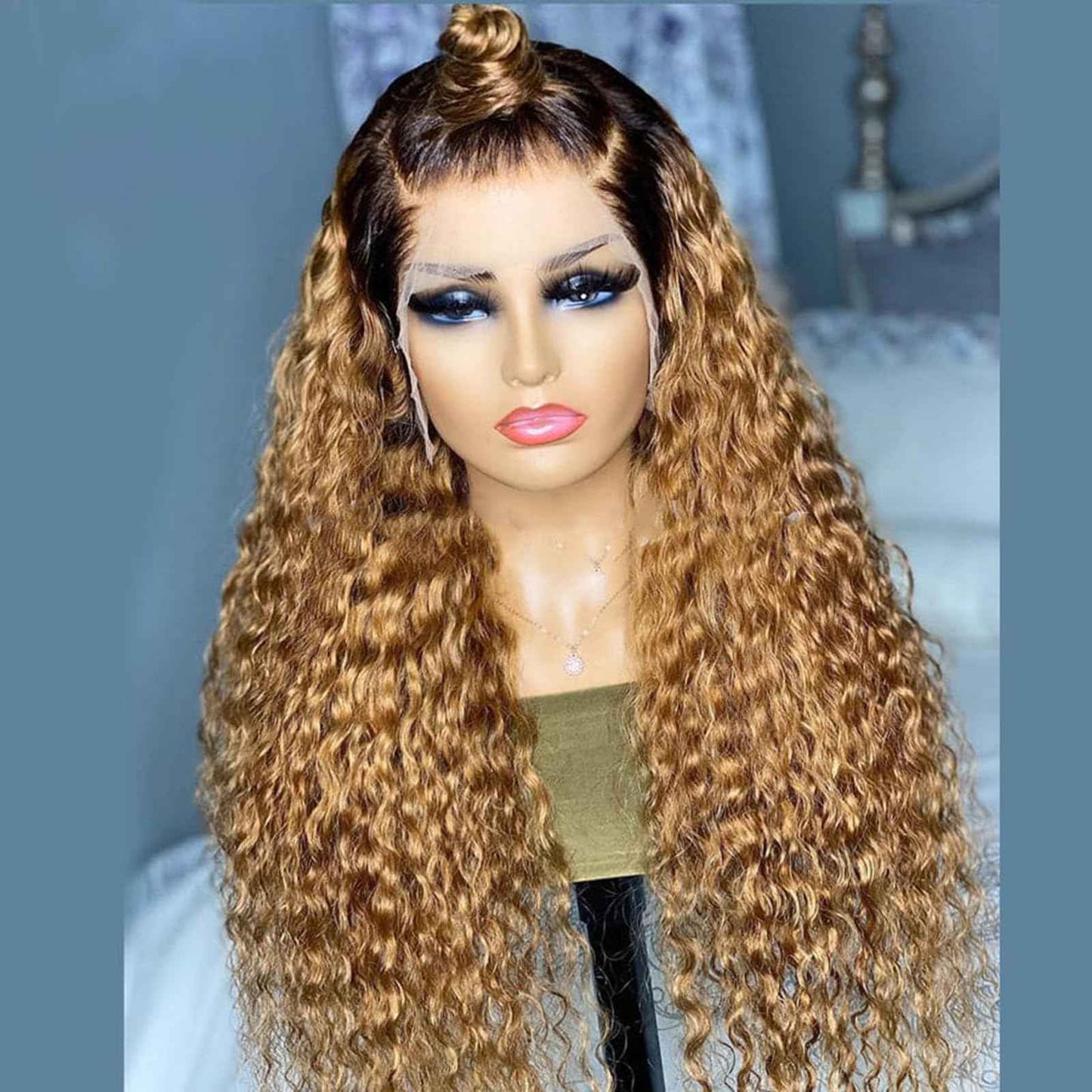 Luxvogue Curly Human Hair Wig Omber T 27 Lace Frontal Closure Deep Curly Human Hair Wig Pre Plucked Pre Cut Lace Frontal Closure Glueless Wigs Elastic Band 200% Density