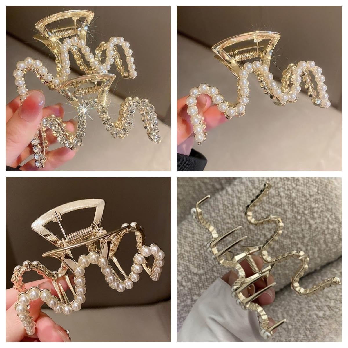 Rhinestone Hair Clips, Textention 3.4 Inch Pearl Claw Clips for Thick Hair, Crystal Metal Hair Jaw Clamps Fashion Hair Accessories for Women Bride Bridesmaid (2 Pack)