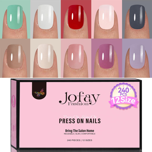 Short Gel Nail Tips Square, Jofay Fashion 240pcs Press on Nails Kit Short Solid Color Acrylic Fake Nails, Glue on Nails with Nail Glue, Nails Stickers & Nail File Buffer for Nail Art DIY