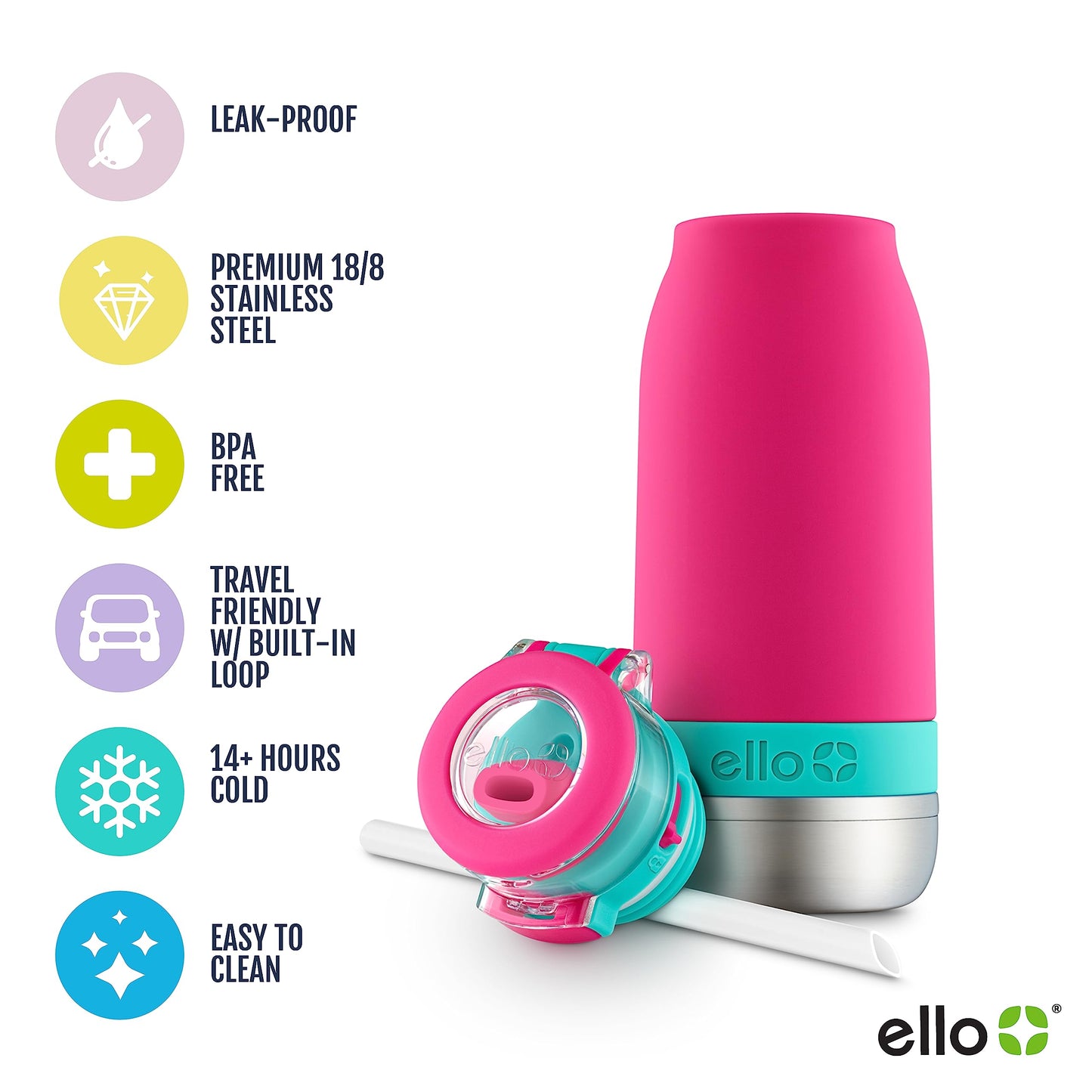 Ello Emma Vacuum Insulated Stainless Steel Water Bottle with Locking Leak Proof Lid and Soft Straw, BPA Free, Tropical Pink, 14oz