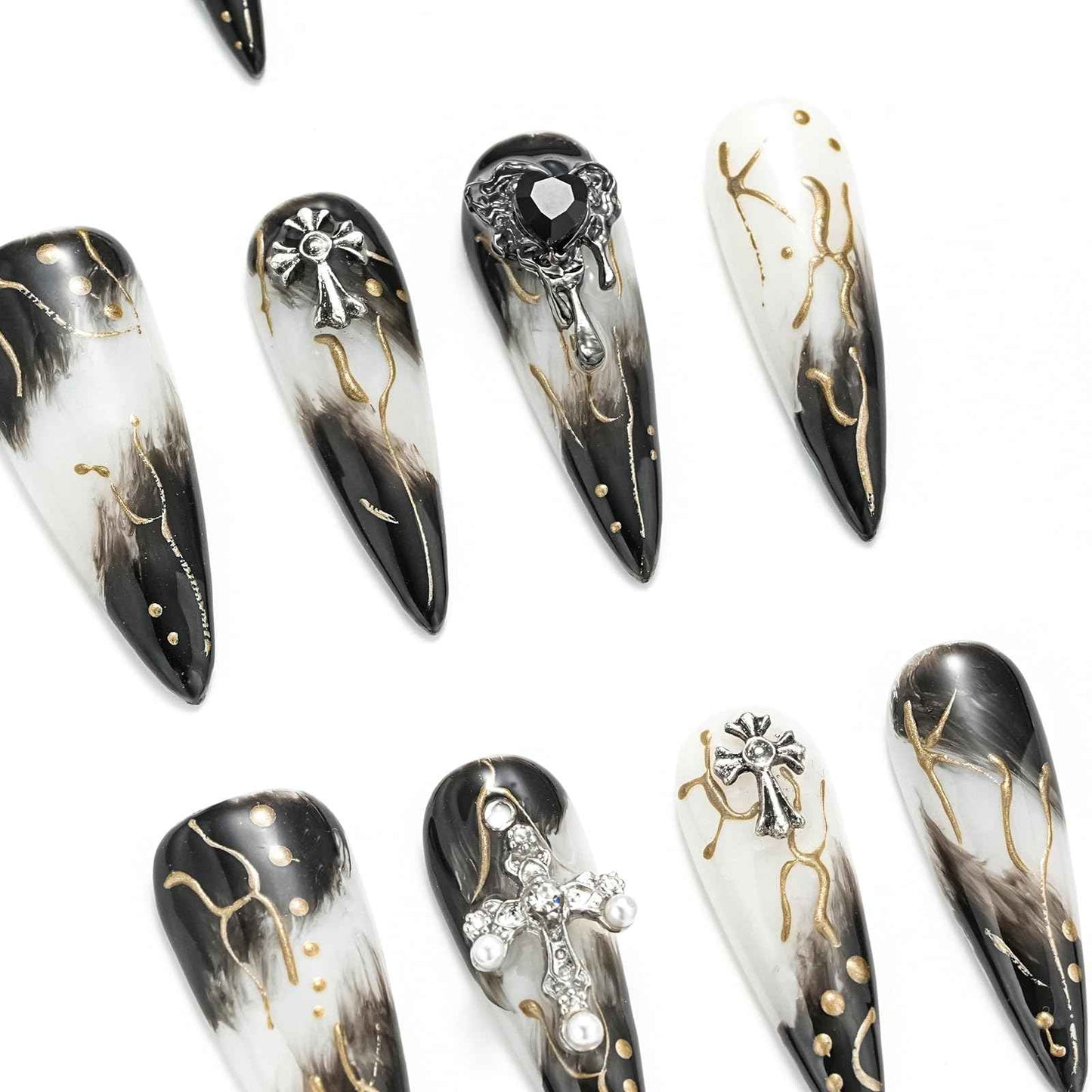 FORBELOVED NAILS,Black And White Swirl Line Handmade Press On Nails,Long Stiletto Glue On Nails,Crosses Decortions Charming False Nails For Women And Girls,10Pcs/Set With Glue,(Black-S),FOB