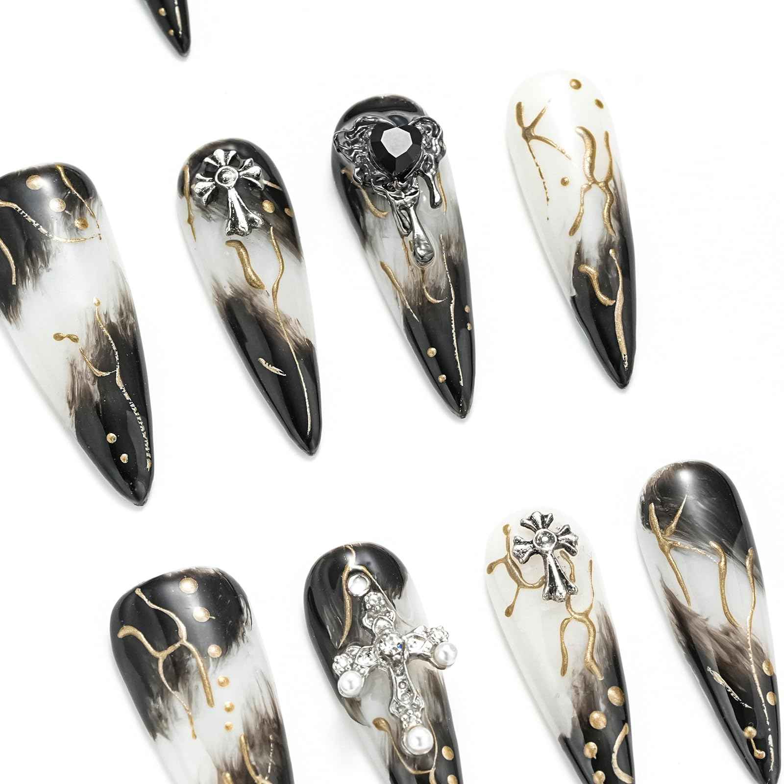 FORBELOVED NAILS,Black And White Swirl Line Handmade Press On Nails,Long Stiletto Glue On Nails,Crosses Decortions Charming False Nails For Women And Girls,10Pcs/Set With Glue,(Black-S),FOB
