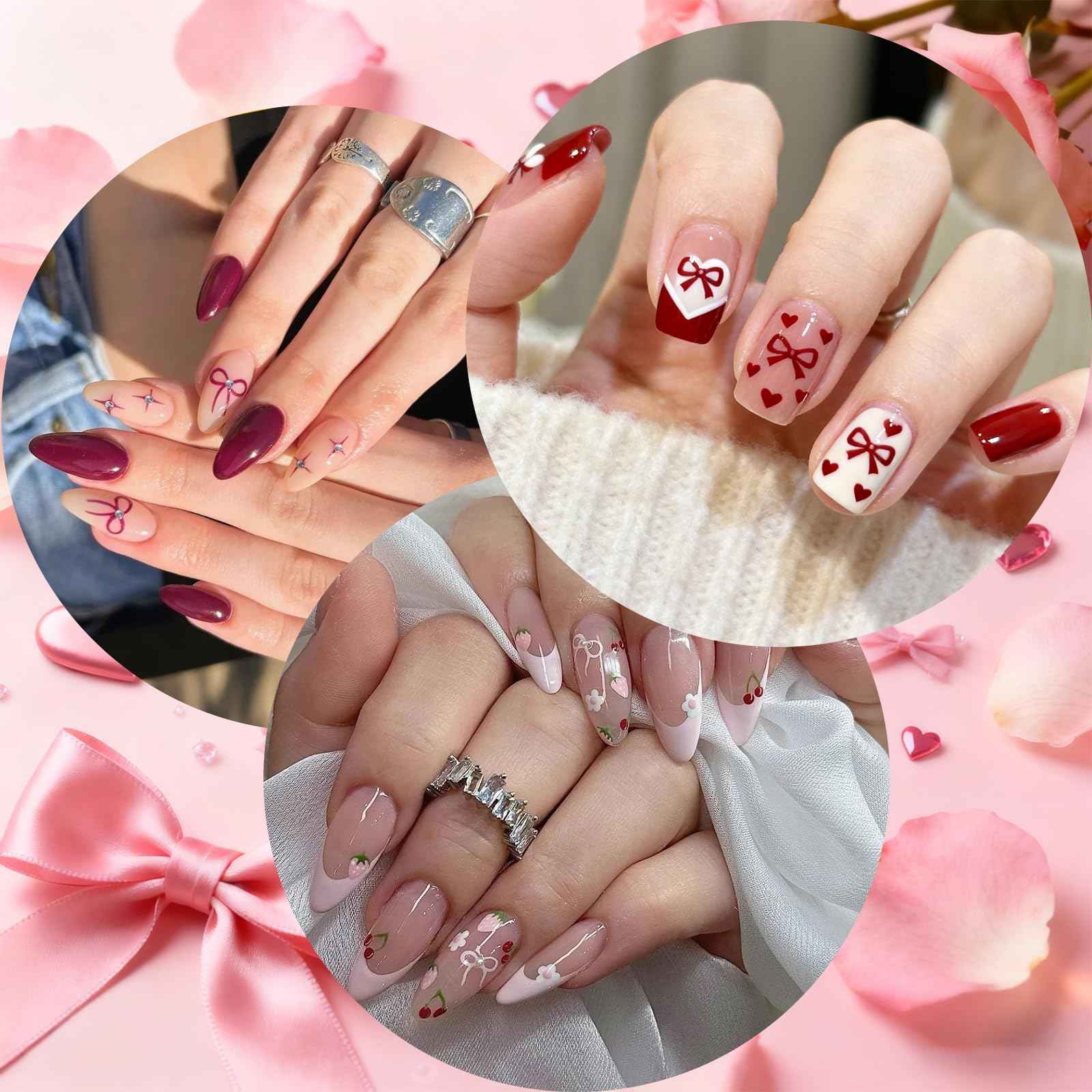 Allstarry Bow Nail Stickers, 6 Sheets Bow Stickers for Nails, Self-Adhesive Glossy Pink Red Black Cute Nail Decals for Women Girl Gift Christmas Valentine’s Day Accessories Decoration