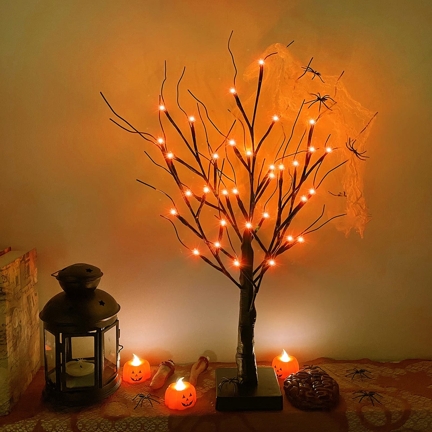 [ Timer ] TURNMEON 24" Black Halloween Tree with 36 LED Orange Lights Battery Powered Halloween Spooky Birches Tree Tabletop Trees for Halloween Decoration Indoor Home Decor