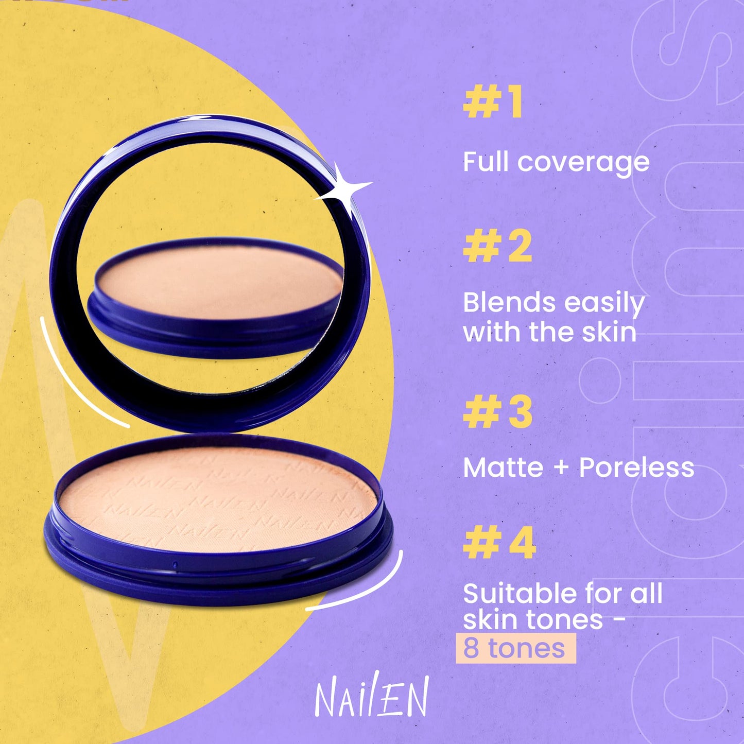 Nailen Compact Makeup Setting Powder with Matte Finish, Shine Control, Full Coverage - Ideal for All Skin Types & Poreless Smooth Look - Tone 2, (1 Count)