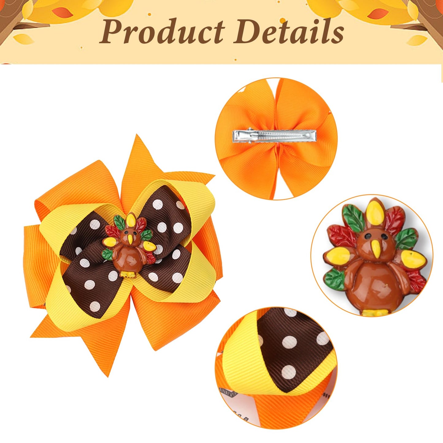 Thanksgiving Hair Bows for Toddler Baby Girls - 2Pcs Orange Yellow Brown Autumn Bow Hair Clips Alligator Hair Barrettes Cute Turkey Grosgrain Hairpin Thanksgiving Hair Accessories for Kids Girls Gifts