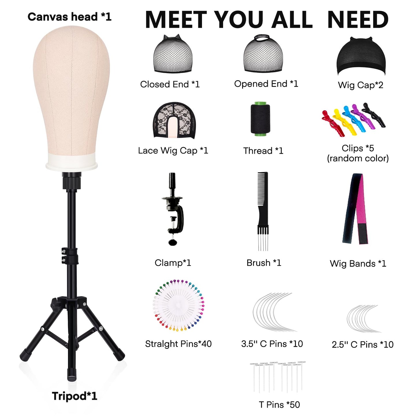 GHWMYD 22 Inch Canvas Wig Head Mannequin HeadWig Stand Tripod Manikin Canvas Head Set for Wigs Making Display Styling Head with Tripod Table Clamp Wig Caps Pins Set Hair Brush&Clips (Beige