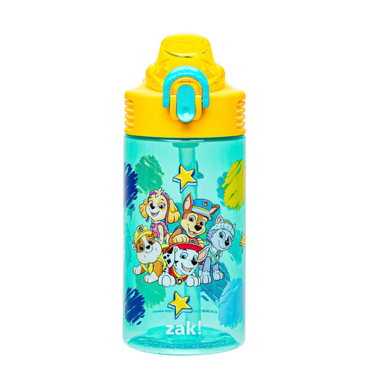 Zak Designs Sage PAW Patrol Water Bottle For School or Travel, 16oz Durable Plastic Water Bottle With Straw, Handle, and Leak-Proof, Pop-Up Spout Cover (Chase, Marshall, Skye, Rubble, Everest)