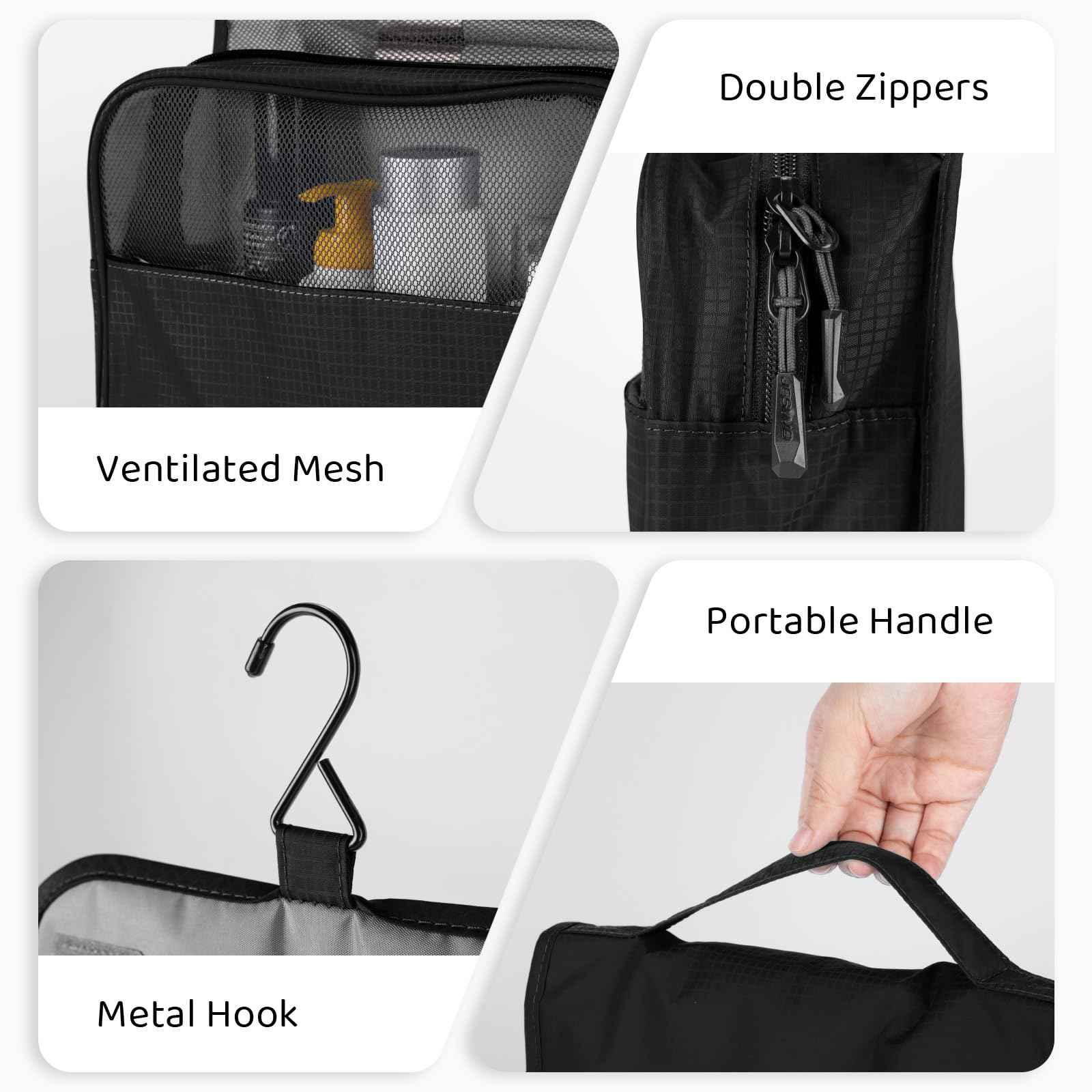 Playexen Hanging Travel Toiletry Bag, Portable Travel Cosmetic Organizer Bag for Women Men, Waterproof Toiletries Wash Bag with 4 Compartments & Hanging Hook (Black)