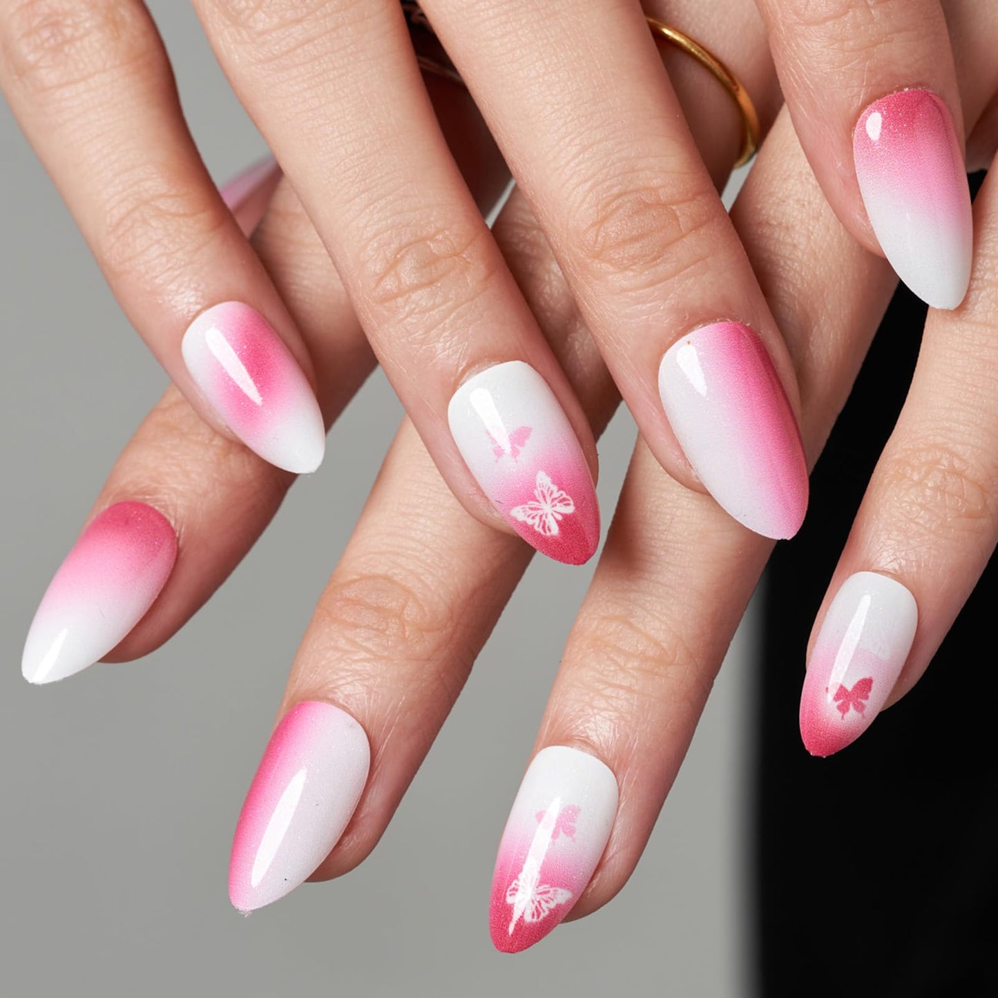 GLAMERMAID Press on Nails Short Almond, Summer Glitter Pink Ombre French Tip Glue on Gel Nail with Butterfly, Short Stiletto Acrylic False Nails Kit UV Finish Full Cover Stick on Nail for Women