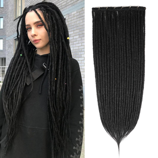 Kyriena Black Clip in Dreadlock Hair Extensions, 6PCS Synthetic SE Clip in Dreads Thin 0.6cm Width, 24 Inch Reggae Hippie Clip in Dreadlocks for Women