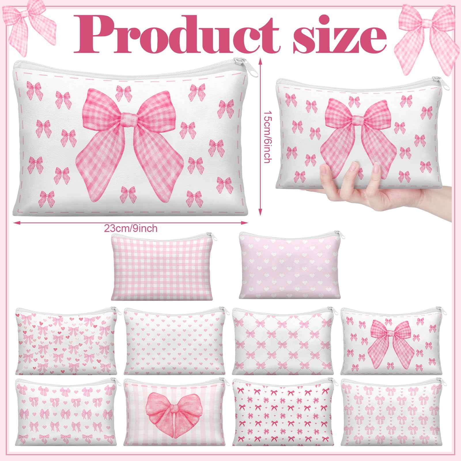 Reginary 10 Pcs Coquette Bow Cosmetic Bag for Woman Wedding Mother's Day Nurses Day Aesthetic Makeup Bag Lovely Heart Preppy Pouch Zipper Coquette Party Favor for Team Bestie Family(Pink,Lovely Heart)