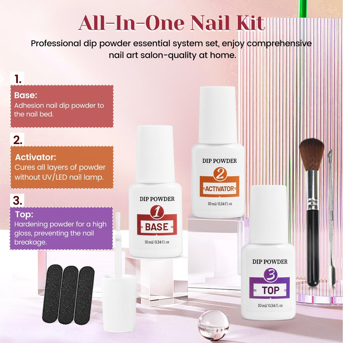 Openlive 10 Color Dip Nail Powder Starter Kit with Base & Top Coat Activator for French Nail Art Manicure Salon DIY at Home