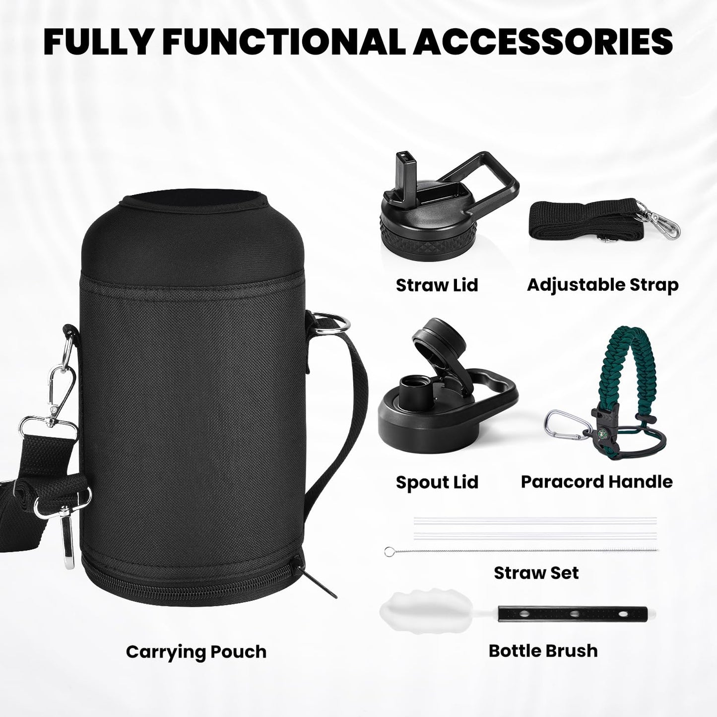 RAYMYLO Insulated Water Bottle 64 oz, Triple Wall Vacuum Stainless Steel (Cold for 48 Hrs), Leak Proof & Non-BPA, Half Gallon Water Flask Jug with Paracord Handle & Straw Spout Lids, Dark Green