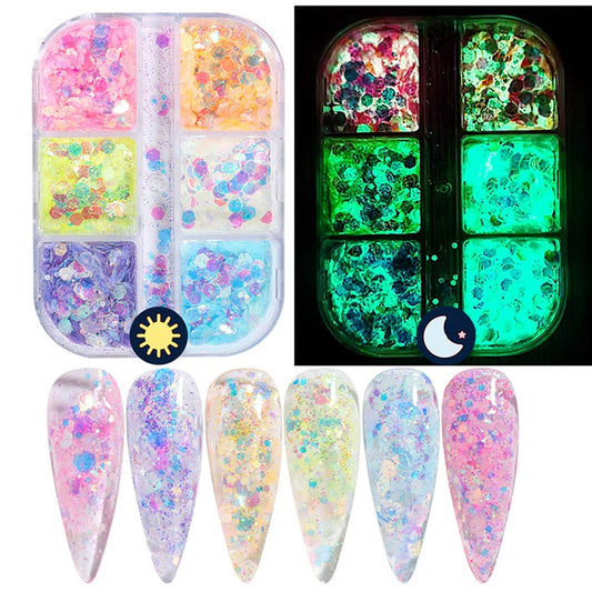 Holographic Luminous Nail Glitter Sequins, 6 Colors Nail Art Stickers Fluorescent 3D Sparkly Nail Art Flakes Shinning Colorful Confetti Manicure Tips Decorations Nail Powders for Acrylic Nails Charms